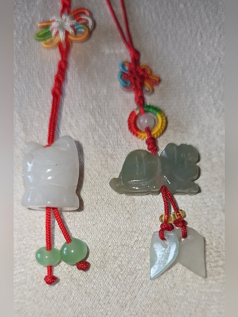 2pc Jade Charm Set. Lucky Fortune Cat & Imperial Dragon Feng Shui